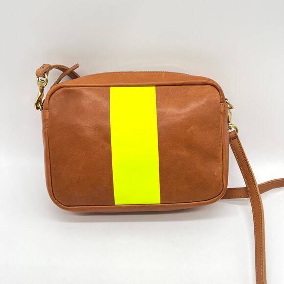 CLARE V Midi Sac Tan Nappetto Stripe Leather Crossbody Bag Women Neon Yellow NEW - Picture 3 of 16